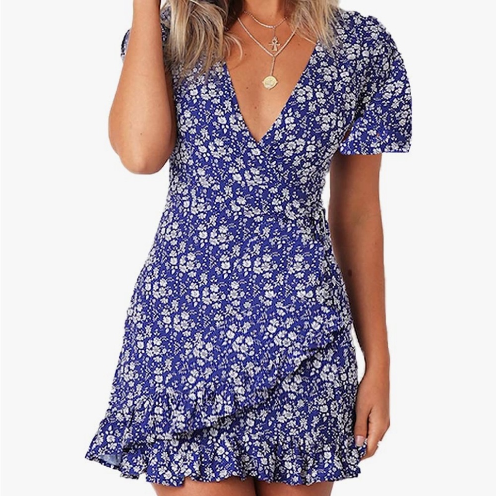 Relipop Summer Women Short Sleeve Print Dress V Neck Casual Short Wrap Dress